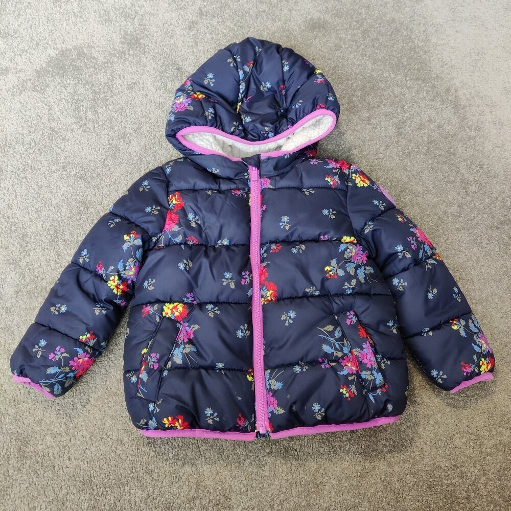 GAP Baby Girls Puffer Jacket Size 4 Years Toddler Navy Floral Multicolor Winter